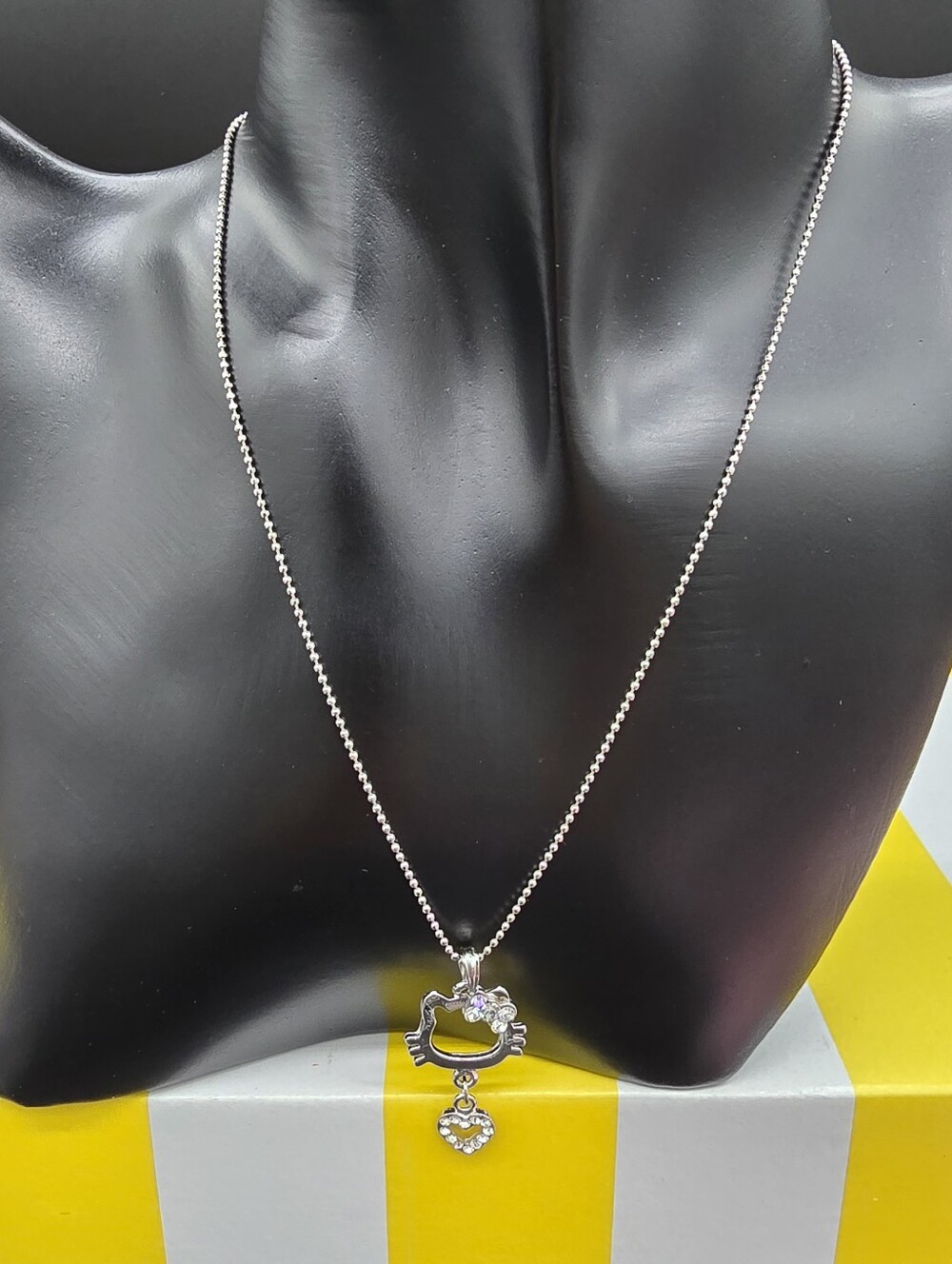 Silver-tone Hello Kitty Style Pendant Necklace with Crystal Accents